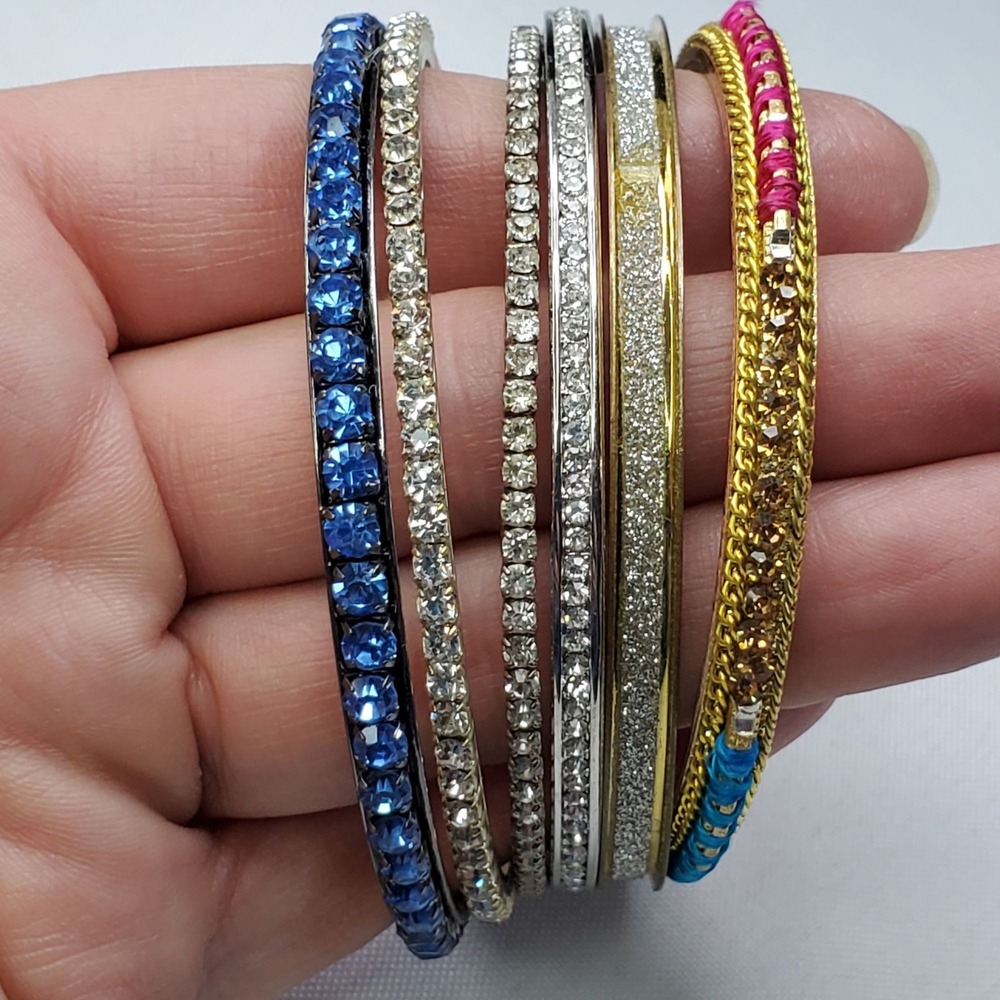 VTG 6 Multicolor Rhinestone Glitter & Metal Bangles Gold & Silver-Tone Mixed - Picture 5 of 7
